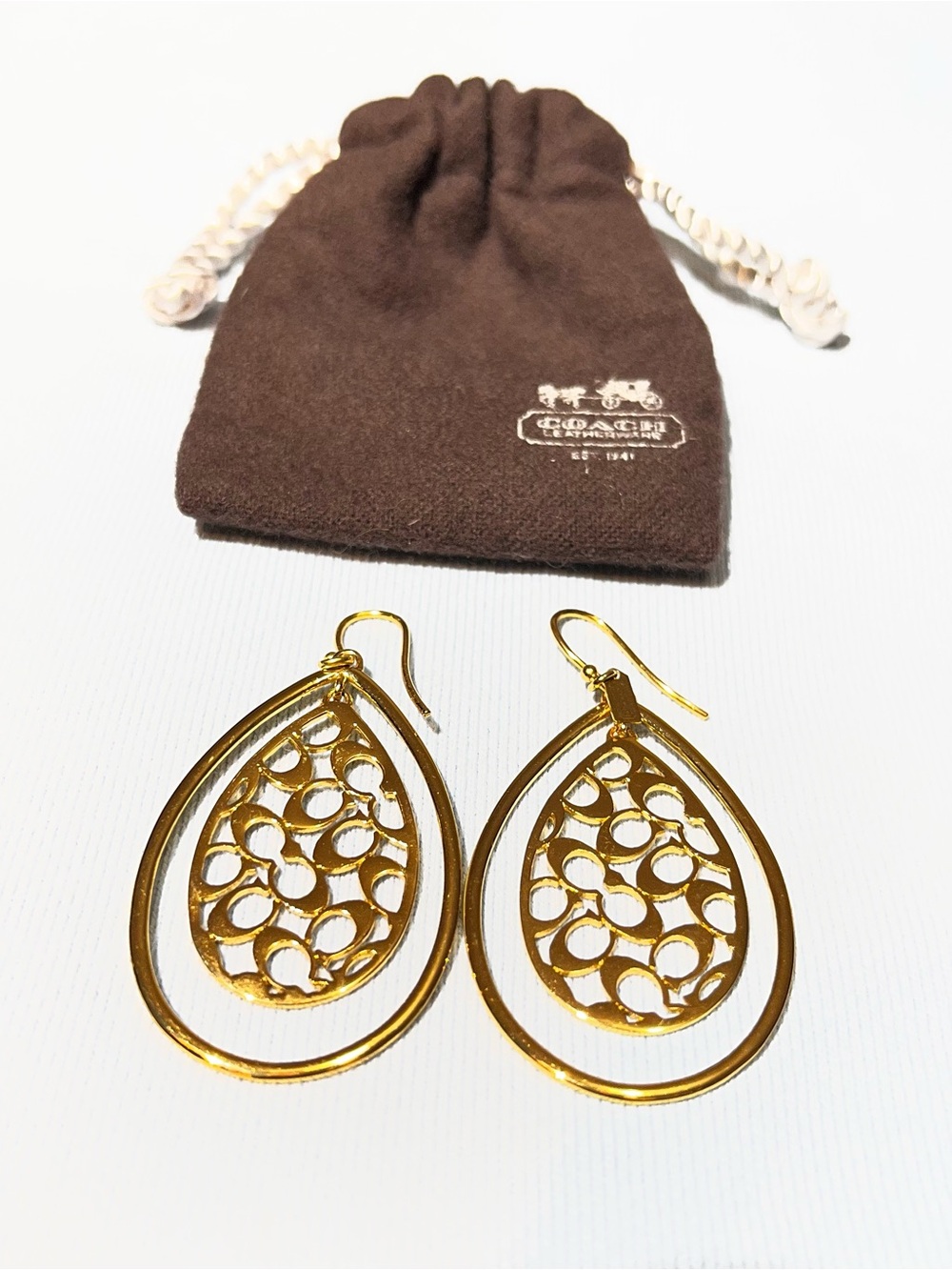 Coach Gold Openwork Teardrop Dangle Earrings - Picture 2 of 5
